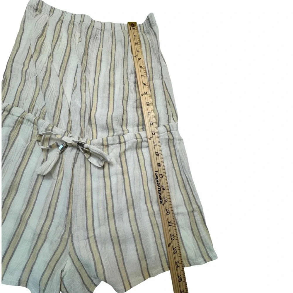 Becca Women Striped Strapless Cotton Gauze Romper Tan Grey Small Beach Boho
